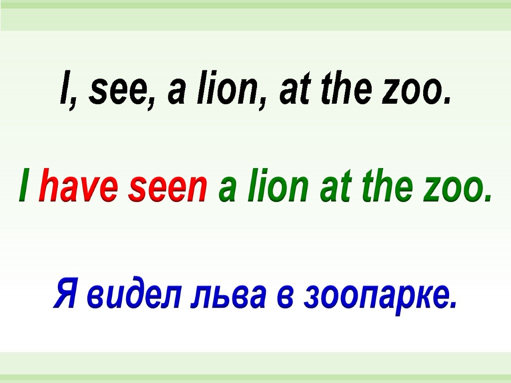 I have seen a lion at the zoo. I, see, a lion, at the